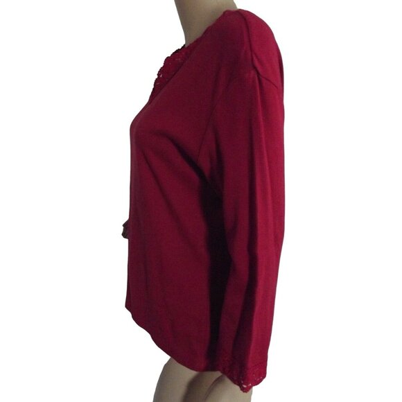 Basic Editions T-shirt Womens Size Small Red Ribbed Knit V-neck Crochet Trim top - Picture 7 of 9